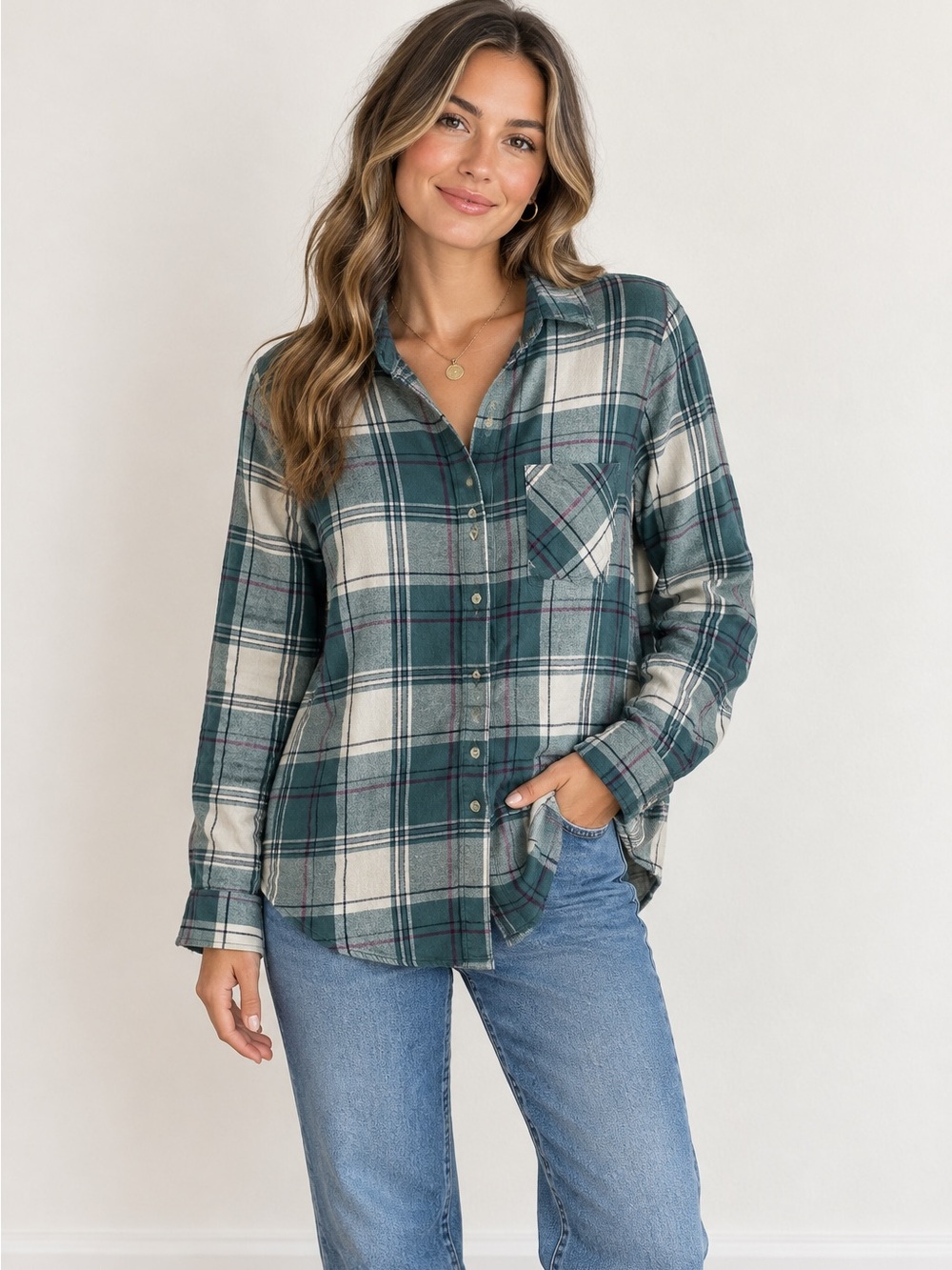 Field & Stream Long Sleeve Green Purple Cream Plaid Flannel Shirt